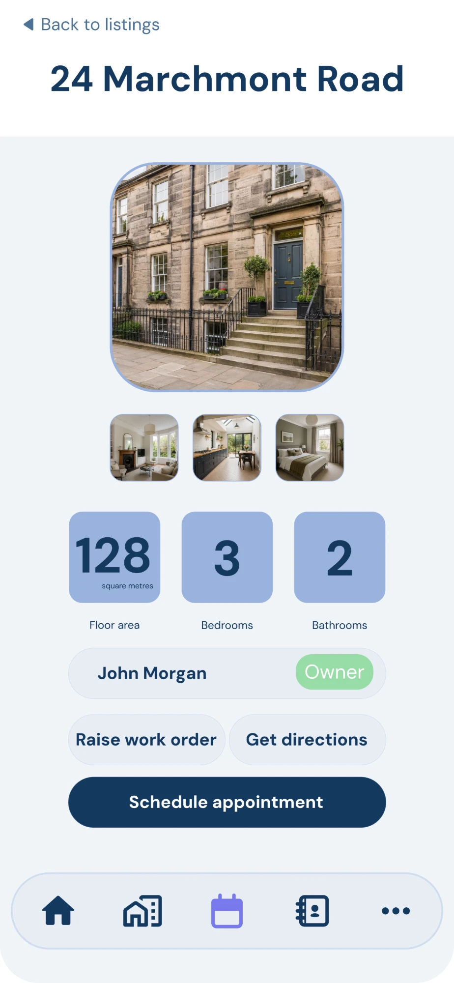 The Realest listing screen for 24 Marchmont Road showing the owner, a raise work order button and schedule appointment button