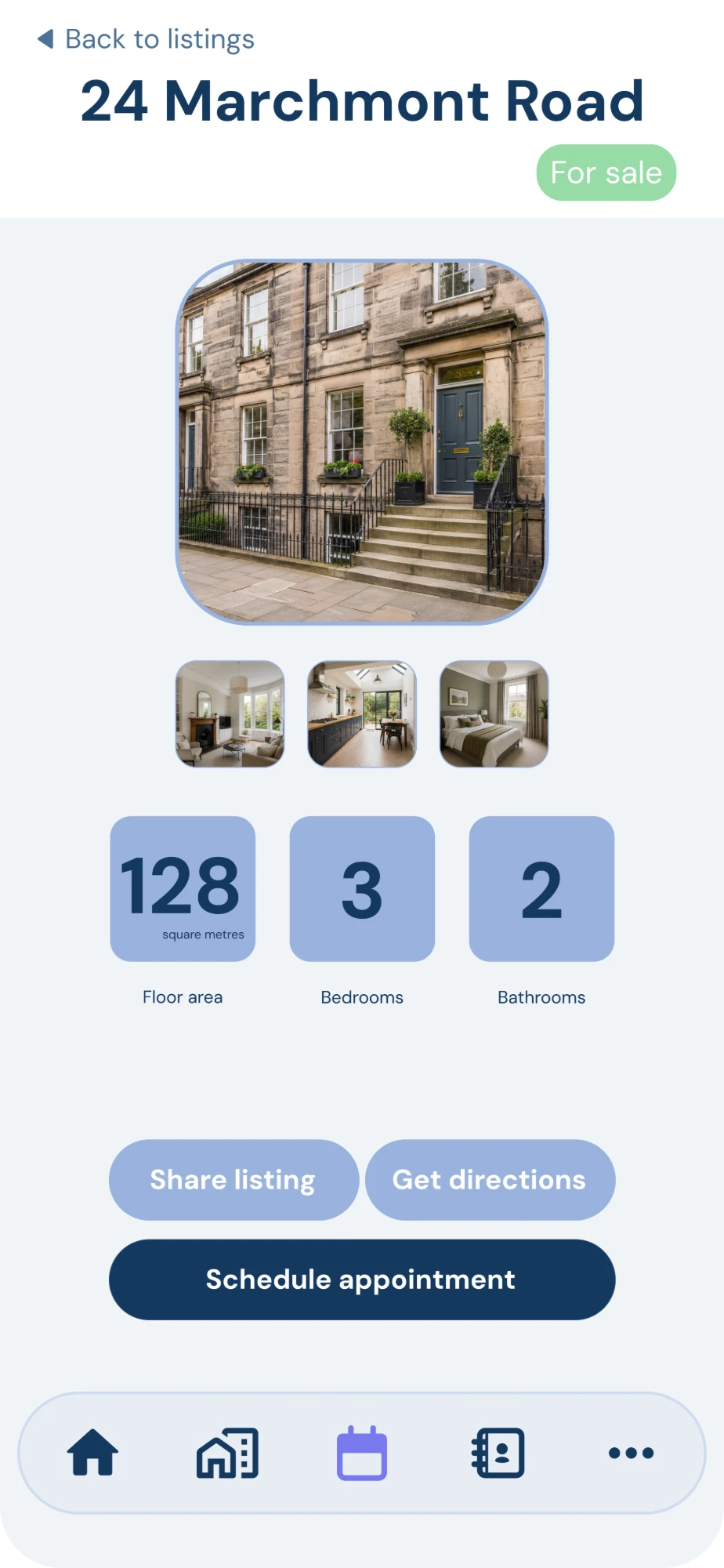The Realest listing screen for 24 Marchmont Road, marked "For sale", with a share listing button and schedule appointment button