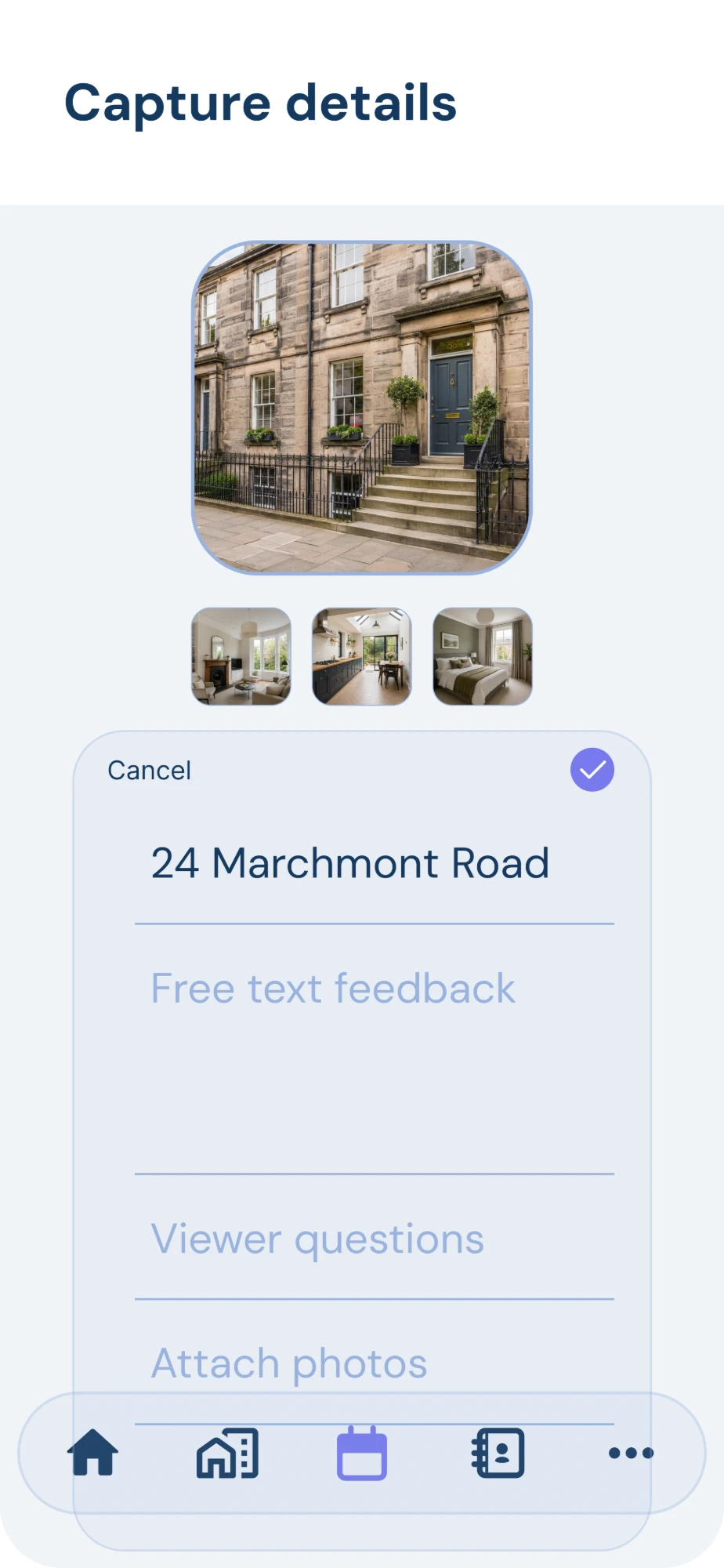 The Realest capture-details screen showing property photos alongside free-text feedback and viewer questions fields