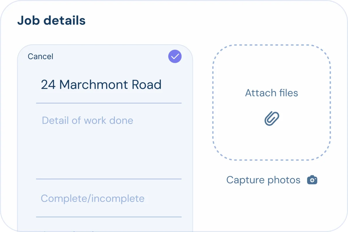A Realest job details form with fields for work done, plus options to attach files or capture photos