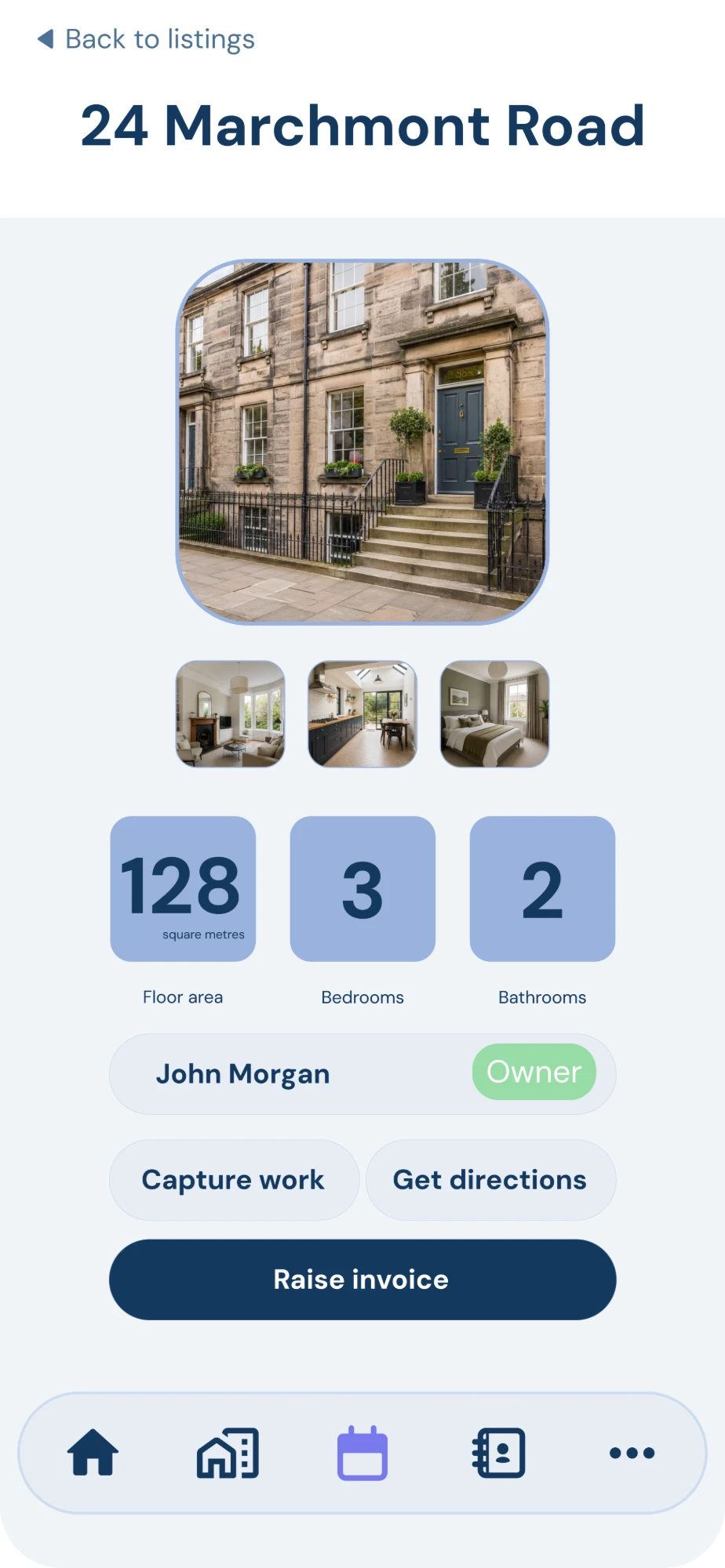 The Realest listing screen for 24 Marchmont Road with a capture work button and a raise invoice button