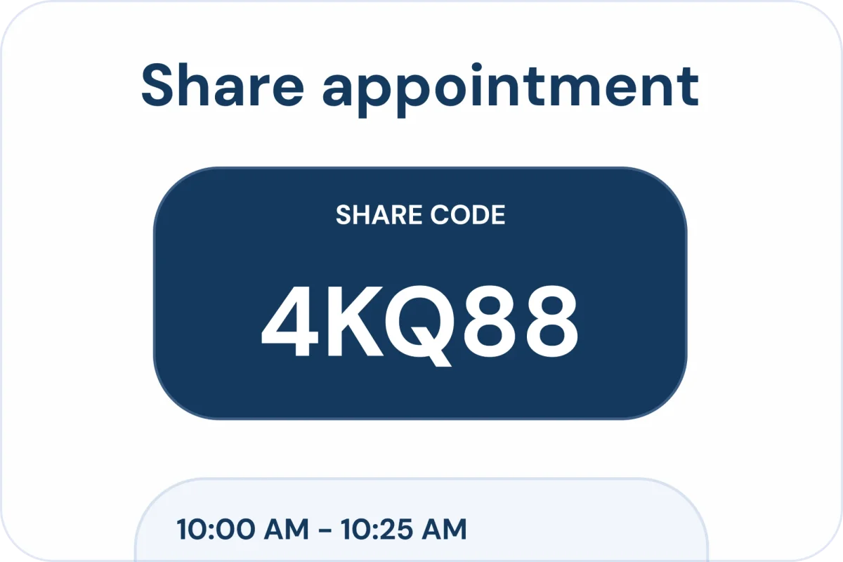 The Realest share screen showing a share code and appointment details ready to send to attendees