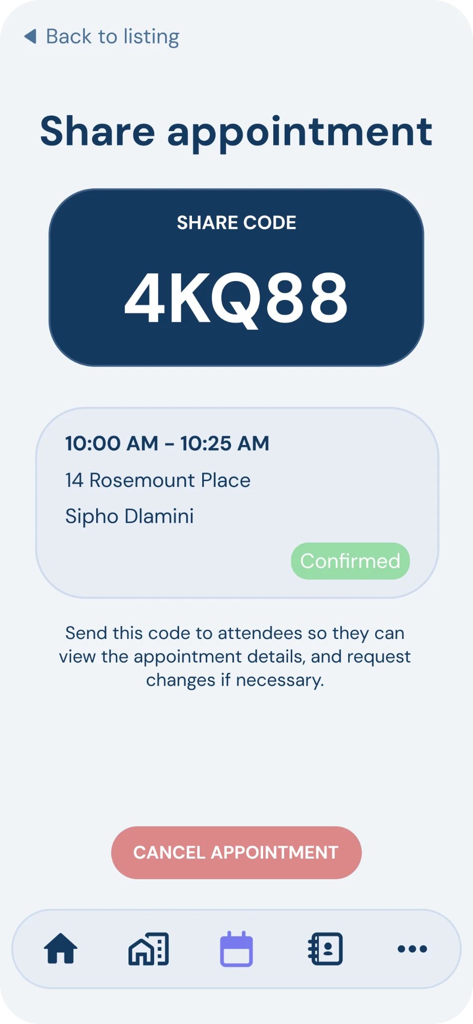 The Realest share screen showing a property share code alongside the linked appointment