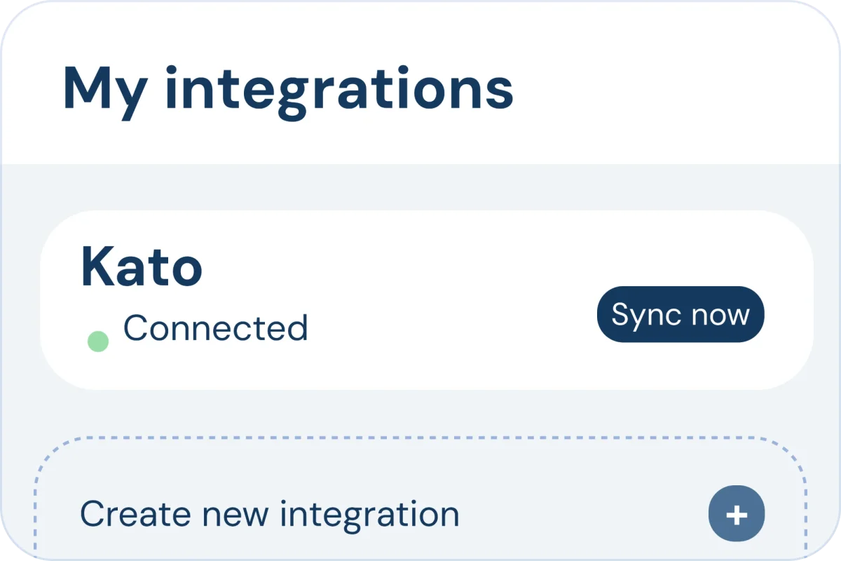 The Realest integrations screen showing a connected Kato integration with a sync-now option