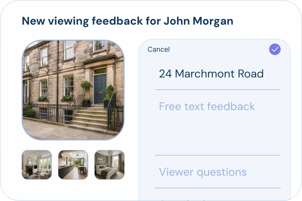 A new viewing feedback form in Realest, with the property photo and free-text feedback fields