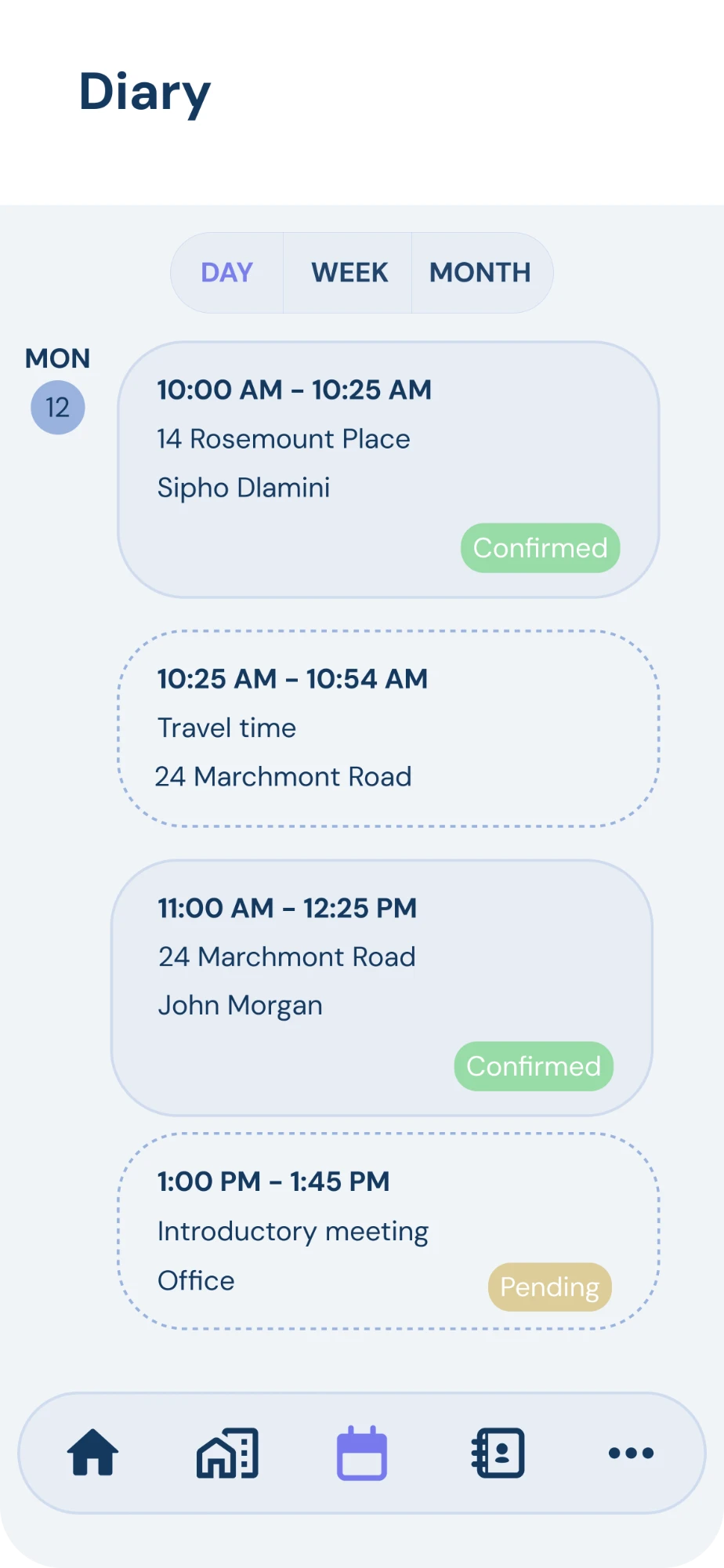The Realest diary showing Monday's appointments, travel time and a pending introductory meeting
